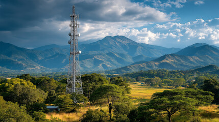 Obraz premium Tower in the Landscape: A modern telecommunication tower rises amidst a verdant landscape.