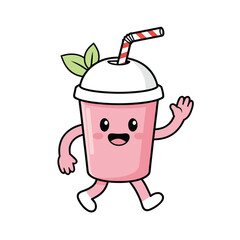 Cute Pink Drink Character with Straw and Leaves.