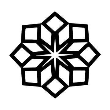 Abstract geometric starburst pattern with symmetrical interlocking cube-like elements, a versatile decorative design in black and white. isolated on transparent background