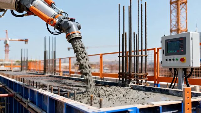 Medium shot of automated mixer pouring concrete accurately for a highrise building foundation showcasing modern construction methods.