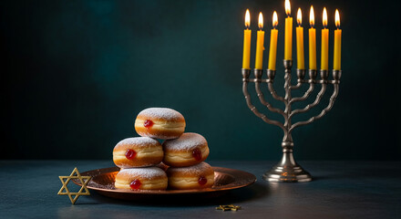 Stack of donut with powdered sugar and jelly, next to menorah with lit candles and Star of David, symbolizing holiday celebration, religious tradition