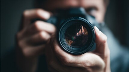 Close-up of photographer capturing image with professional camera lens