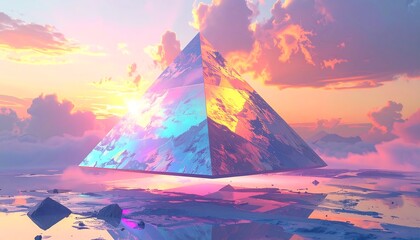 Iridescent pyramid afloat calm waters reflects golden clouds against a pastel sky; a surreal, dreamy landscape