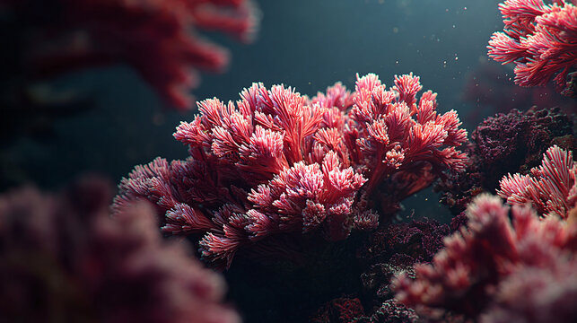 Vibrant red coral reefs thriving underwater, a spectacular underwater scene. Showcasing the beauty of the deep ocean and its marine life