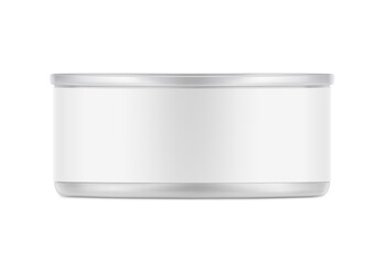Hight realistic can mockup for food preservation, pet food. Vector illustration isolated on white background. Easy to use for presentation your product, idea, design. EPS10.