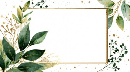 Elegant Greenery Frame with Gold Accents on White Background for Invitations
