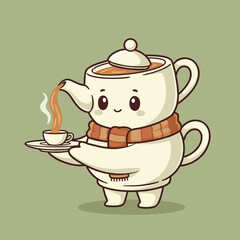 Cute teapot character serving a cup of tea.