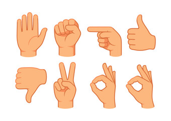 Hand gestures vector illustration in flat vector style, thumbs up, peace sign
