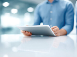 Person holding digital tablet with blurred background in office environment showing technology use and business concept