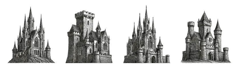 Fototapeta premium Fantasy gothic castles vintage engraving icons set