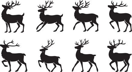 Eight black silhouette reindeer in various walking and trotting poses on a white background stag black and white