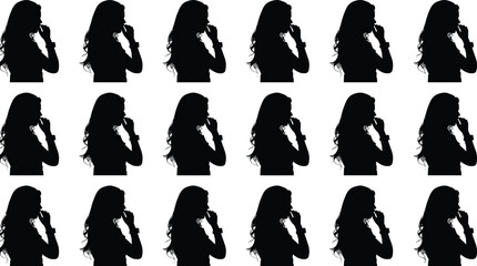 Phone call silhouette vector, communication gesture icon, black female figure grid, customer service concept, call center illustration, talking pose design