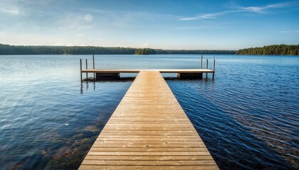 Fototapeta premium Perspective of a wooden dock stretching across tranquil lake water under a vast blue sky