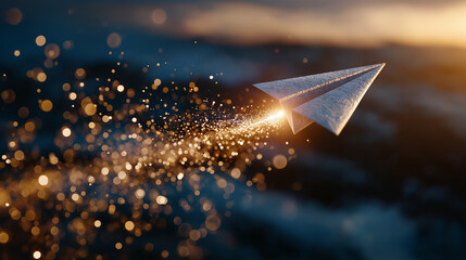 Soaring Aspirations: A paper airplane streaks across the sky, leaving a trail of sparkling lights in its wake, symbolizing dreams taking flight. 