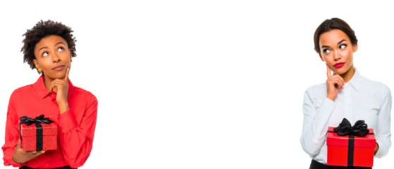 african american ethnicity business women with elegant red gift boxes isolated over white (transparent) background