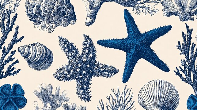 Blue and white seashell and starfish seamless pattern with coral elements