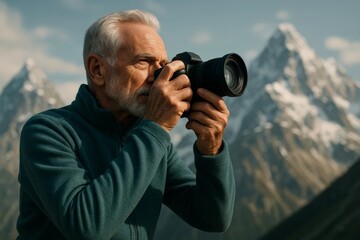 Senior man photographing dramatic mountain peaks with professional camera, active retirement travel adventure in wild nature landscape.