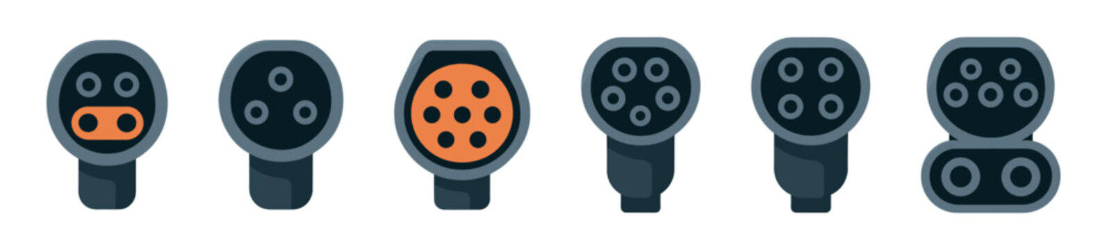 Electric vehicle plug types, car charging, flat vector illustration