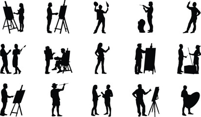 Artistic silhouette icons, painting, sculpting, creative people, art studio, artist at work, collaboration, tools, easel, brush, expression, creativity, vector