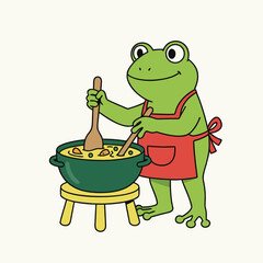 Frog cooking soup in a pot.
