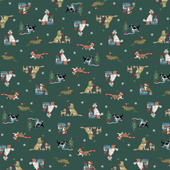 Cute Christmas Dogs Pattern – Festive Holiday Puppy Seamless Background with Gifts, Santa Hats, Christmas Tree, Snowflakes and Winter Decorations