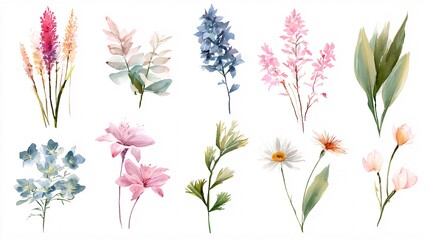 Fototapeta premium Watercolor Botanical Collection of Various Colorful Flower and Leaf Sprigs on White Background