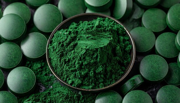 Top-down shot of green powder in a bowl with green round pills surrounding it on a dark textured surface