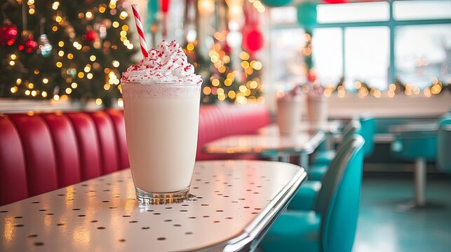 Retro diner with peppermint milkshakes and garland booths .
