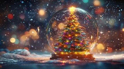 Shiny, colorful Christmas tree inside a snow globe, gentle snowflakes, frosty and glowing vibe .