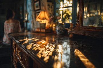 Glimpse of the Past: Polished Antique Sideboard Reflecting Warm Light and Blurred Figure