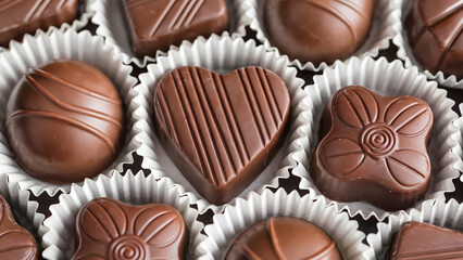 Fototapeta premium Close-up of heart-shaped chocolates and assorted pralines gourmet sweet assortment