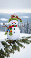 Obraz premium Snowman with colorful hat and scarf, standing on snowy fir branch, during snowfall, symbolizing winter season and festive celebration