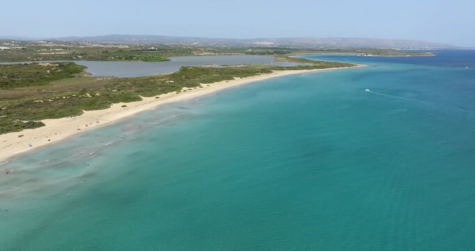 Aerial panoramic view of Oasi Faunistica of Vendicari. The Vendicari Wildlife Oasis is a nature reserve in the Province of Syracuse, Sicily, Italy. It has a beautiful beach overlooking a crystal sea.
