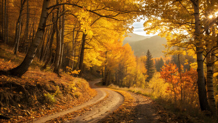 Obraz premium Colorful fall leaves carpet the rural road through a bright yellow autumn forest landscape