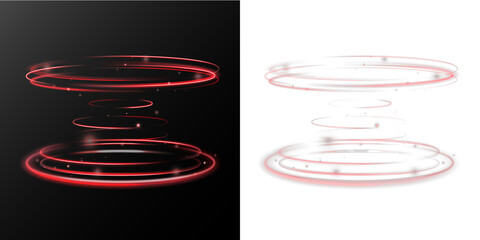 Glowing neon red energy swirl ring with bright light trails, soft particles and dynamic motion effect on black background, PNG illustration.