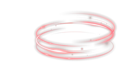 Glowing neon red energy swirl ring with bright light trails, soft particles and dynamic motion effect on black background, PNG illustration.