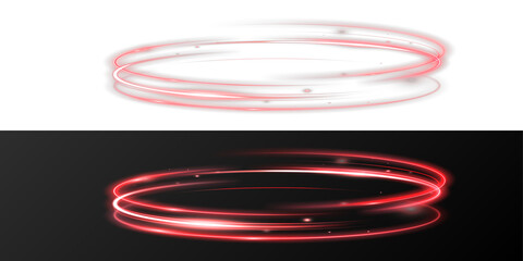 Glowing neon red energy swirl ring with bright light trails, soft particles and dynamic motion effect on black background, PNG illustration.