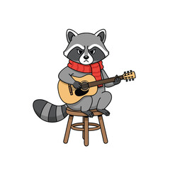 Raccoon musician playing guitar on stool.