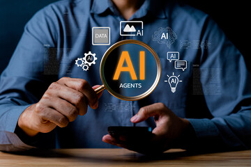 Close-Up of a Person Holding a Magnifying Glass Over AI Agents Concept with Data Visualizations and Technology Symbols in a Modern Setting