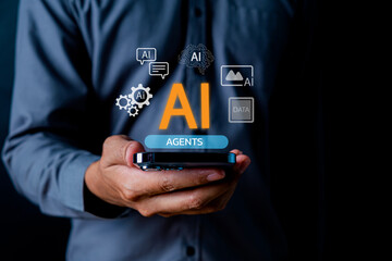 Man holding smartphone with AI symbols floating, showcasing technology integration, innovation in data analytics, and modern communication solutions