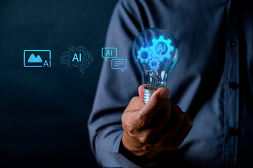 Innovative Concept of Artificial Intelligence with Light Bulb Symbolizing Creativity and Technology alongside Graphic Elements Representing AI