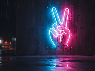 Calle lluviosa, se&ntilde;ales de ne&oacute;n de la paz en azul brillante y rosa.