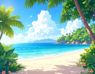 Tropical beach scene, vibrant colors