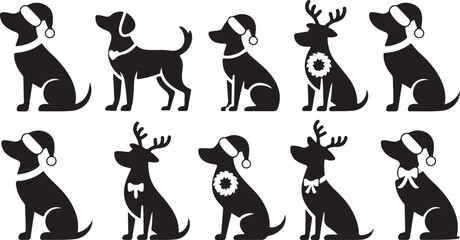 Set of Black Silhouette Icons of Dogs Dressed in Christmas Attire Including Santa Hats and Reindeer Antlers