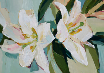 Impressionistic oil painting of blooming white lilies with green leaves on soft pastel background