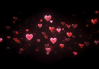 Glowing pink and red 3D hearts floating in the dark with romantic particles, Valentine&rsquo;s day background