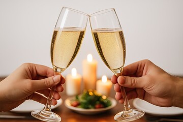 Valentine dinner illustration romantic toast with sparkling champagne as two hands gently clink glasses amid candlelight on an intimate dinner evening