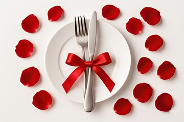 Valentine dinner illustration romantic table setting with silverware tied by a red ribbon on a white plate surrounded by red rose petals for a special celebration
