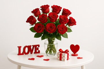 Valentine dinner illustration romantic bouquet with roses, love decor, and a heartfelt gift arrangement creating a warm and charming valentine atmosphere