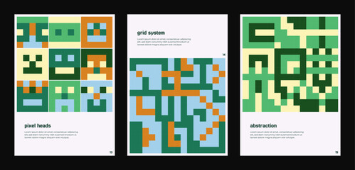 Abstract pixel grid with geometric faces and modular patterns